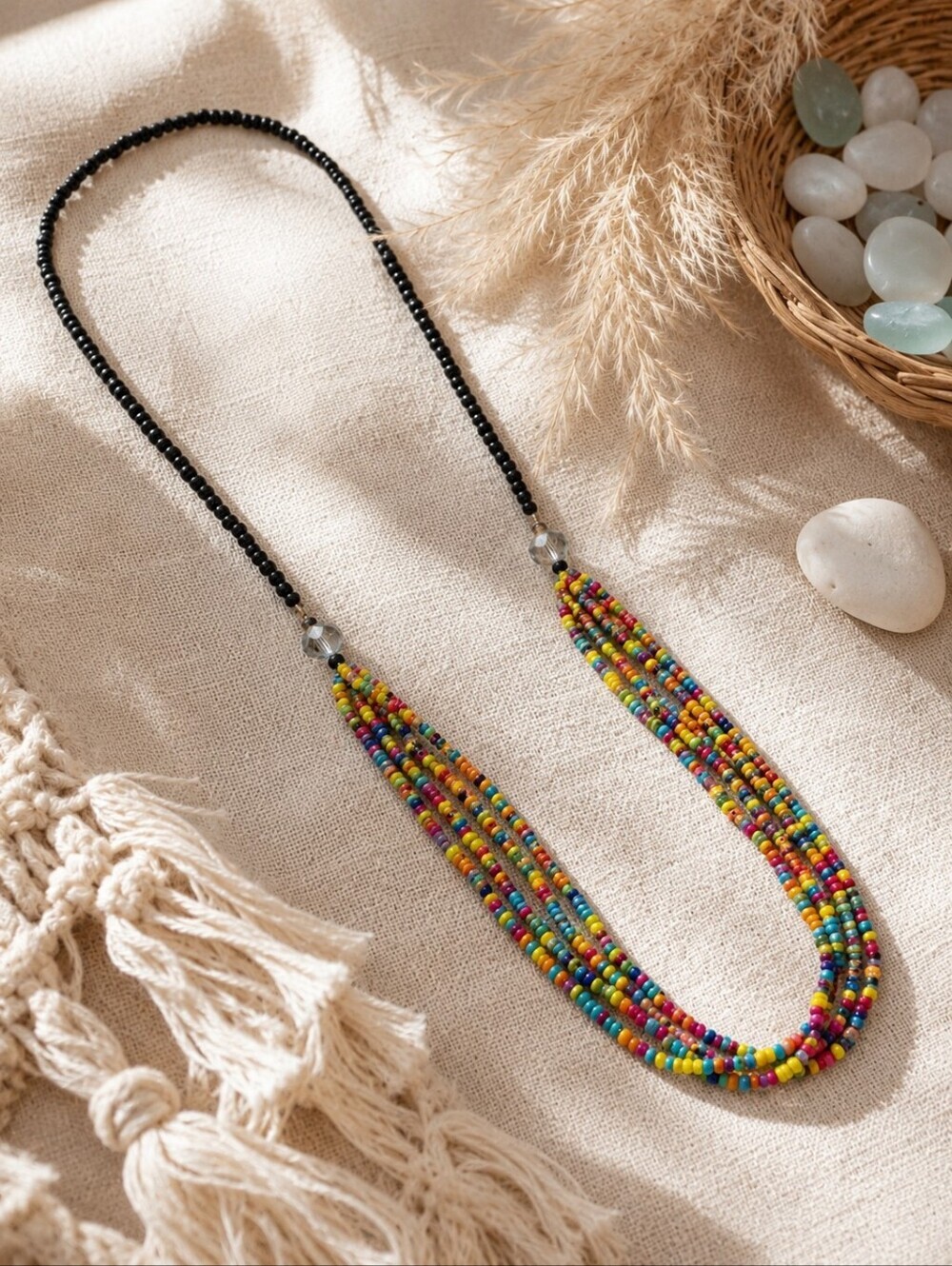 Handmade Rainbow Seed Bead Multi Strand Boho Festival Long Layering Necklace 32"